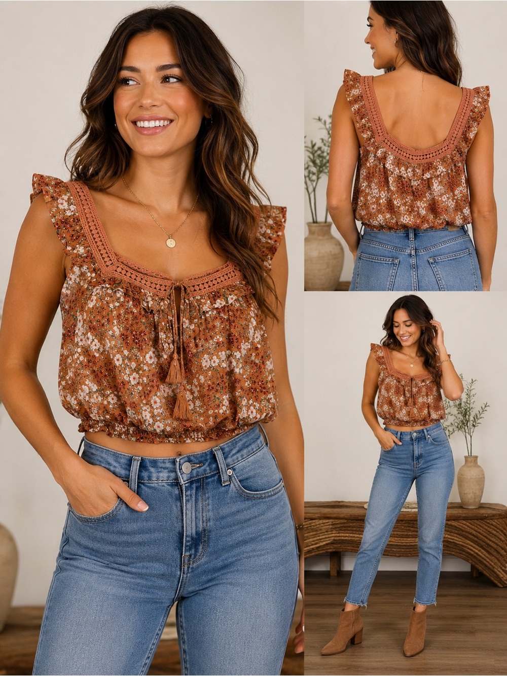 Cynthia Rowley Boho Floral Crop Top M Rayon Cottagecore Peasant Whimsigoth Layer